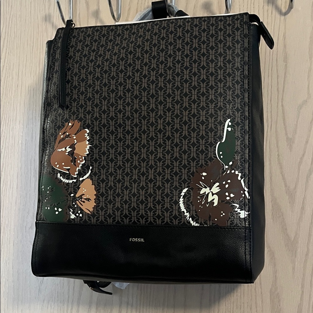 Fossil Black and Brown Floral Backpack